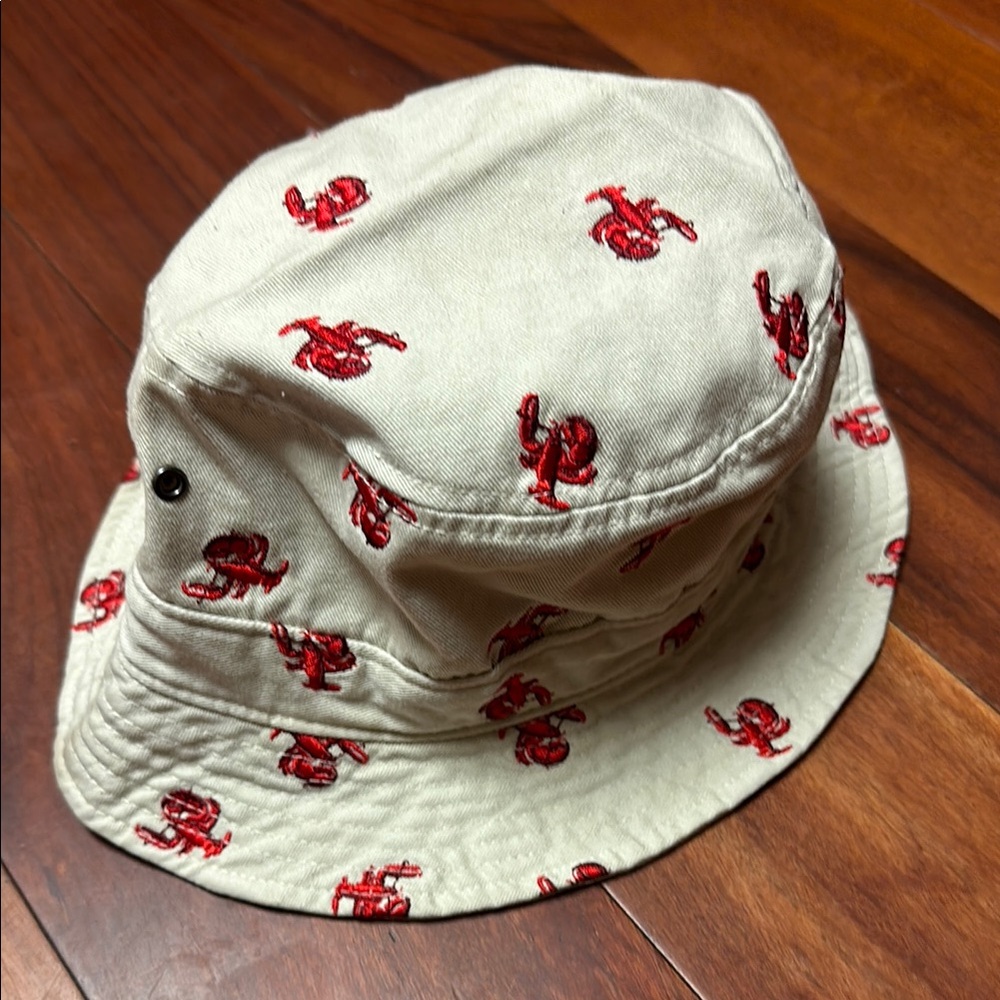 Kids Cream Bucket Hat with Red Embroidery lobster animal zoo shade